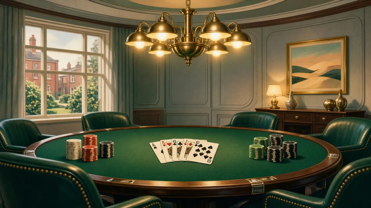 Empty card table with chips and dealt hand under chandelier.