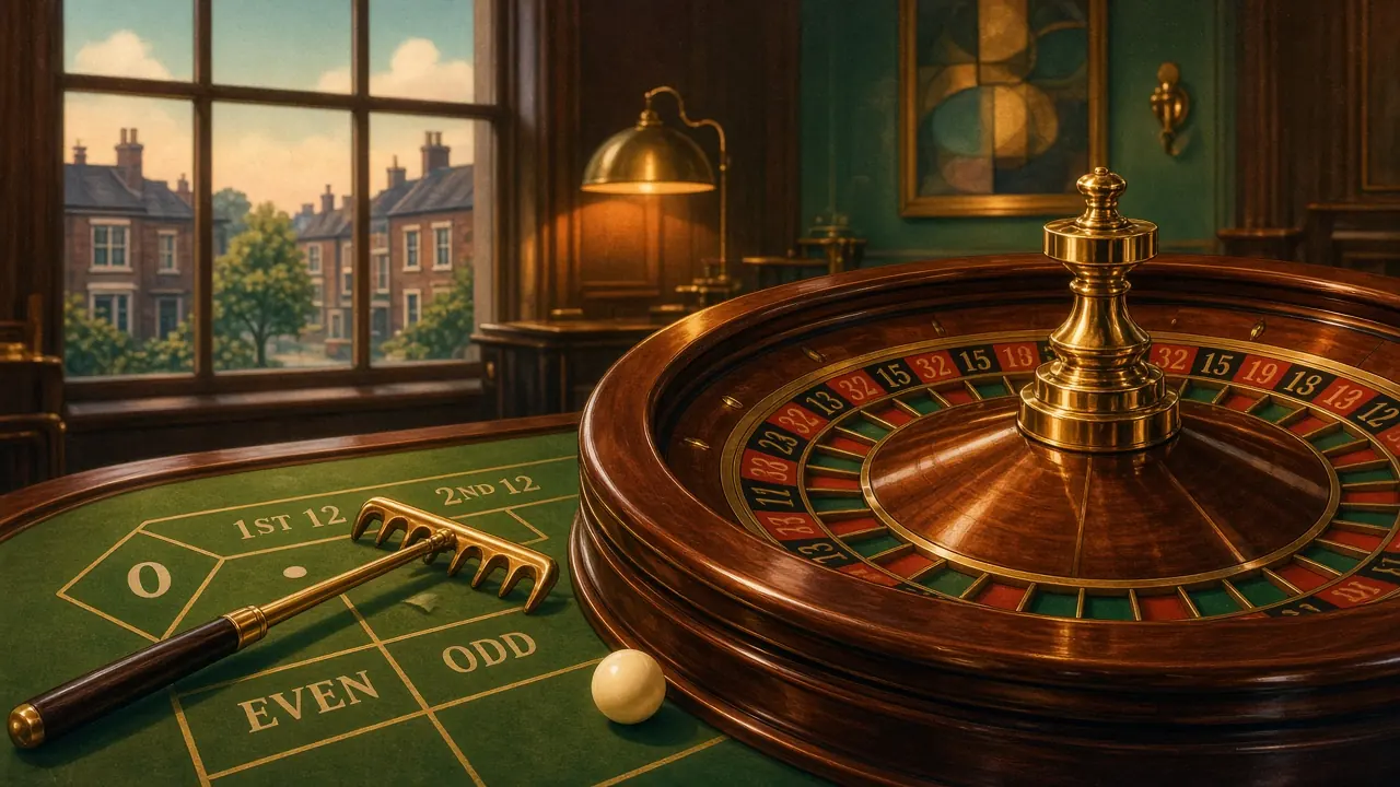 Roulette wheel on a casino table in warm amber light.