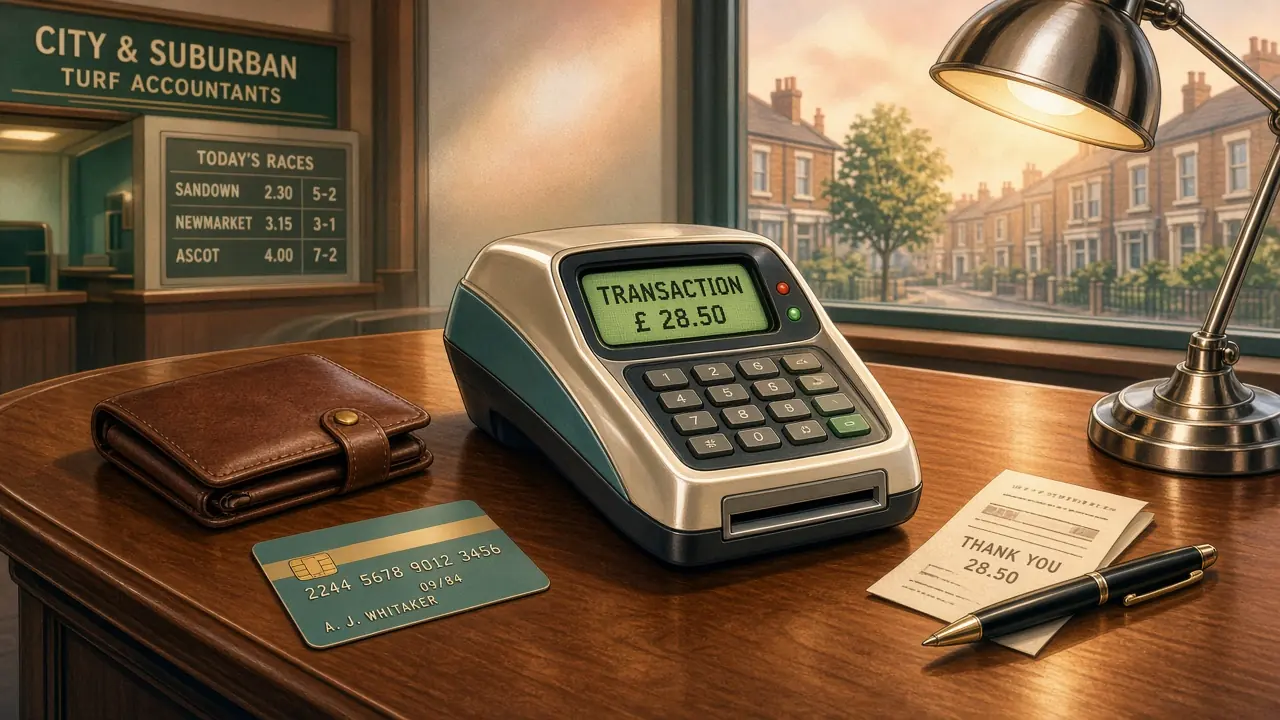 Payment terminal, bank card and wallet on a cashier desk.